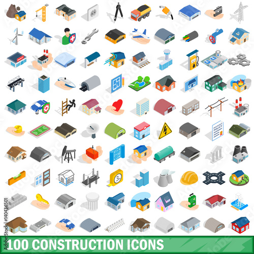 100 construction icons set, isometric 3d style
