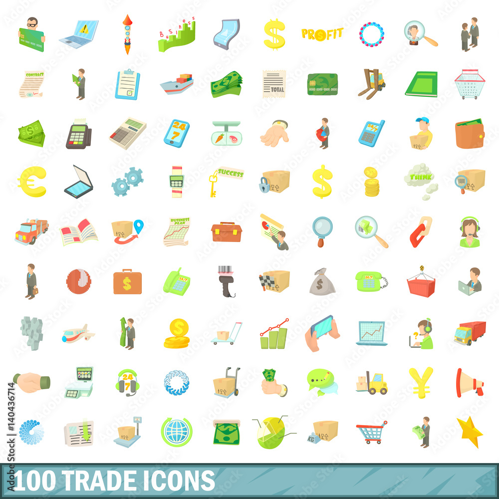 100 trade icons set, cartoon style 100 trade icons set, cartoon style