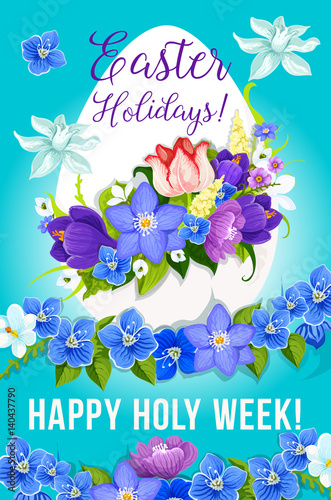 Easter greeting paschal egg flowers vector poster