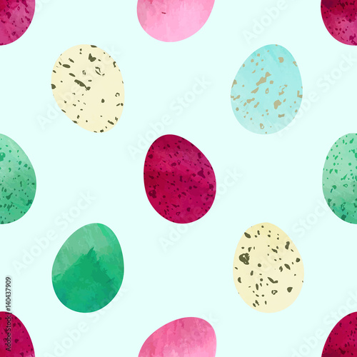 Bright festive Easter eggs seamless vector pattern. Gouache or watercolor painting textured eggs on solid green-grey background. Beige, blue, green, purple and pink colors.