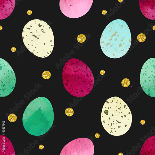 Bright festive Easter eggs seamless vector pattern. Gouache or watercolor painting textured eggs on solid green-grey background. Beige, blue, green, purple and pink colors.