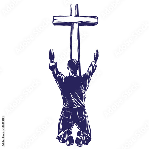 man praises God for the forgiveness of his sins, crucified on the cross symbol of Christianity hand drawn vector illustration sketch