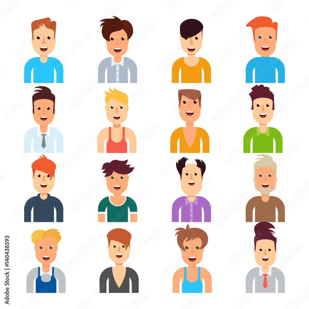 Set of men with different hairstyles. Flat vector cartoon illustration. Objects isolated on a white background. Set of men with different hairstyles. Flat vector cartoon illustration. Objects isolated on a white background.