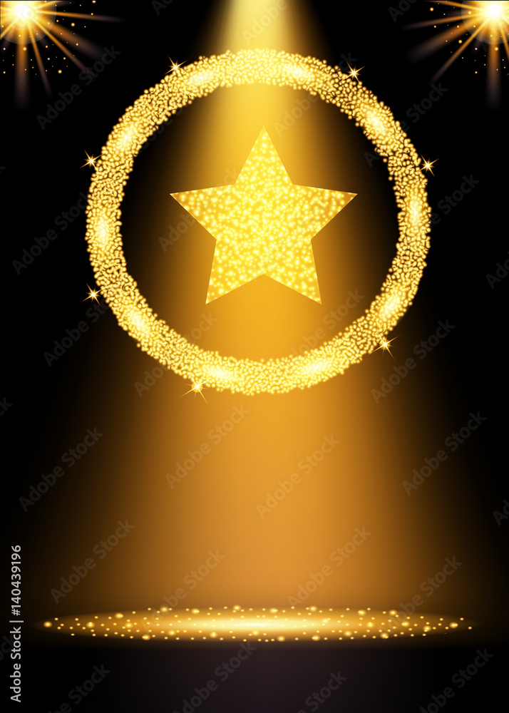 Spotlight gold background. Winner concept with star. Vector