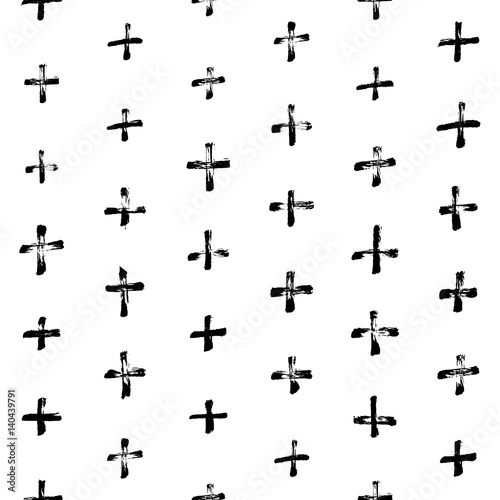 Hand-drawn grunge pattern with a dry brush using black ink. Pattern made of geometric shapes  strokes and spots. Vector background can be used in printing  fabric  packaging  fashion  wraping
