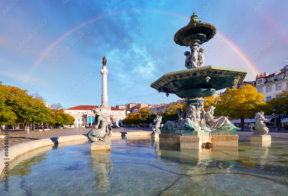 Rainbow over Rossio square in Lisbon Portugal