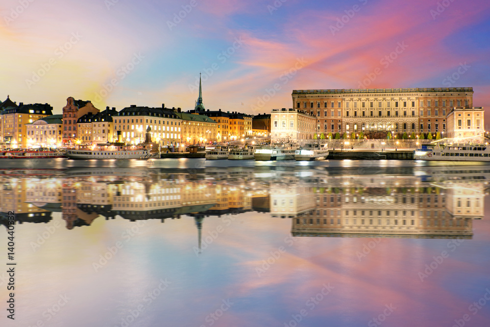 Sunset view of The Royal Palace in Stockholm. (Sweden)