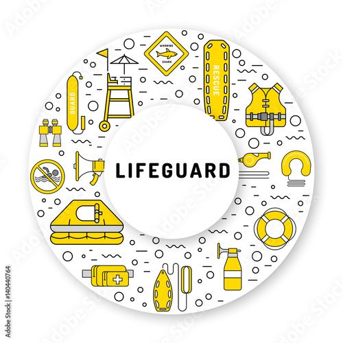 Vector outline icons of lifeguard equipment, hat helps save the lives of drowning people. Elements of equipment of the rescuer and rescue station