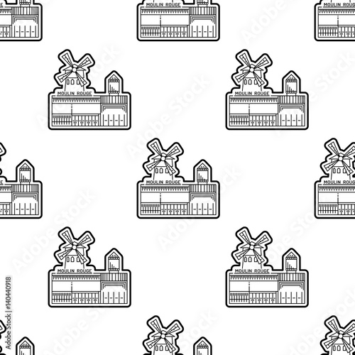 Seamless pattern black on a white background with the image of the symbol of France and Paris the Building the Moulin Rouge, in a linear style.