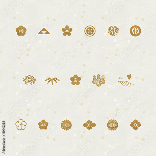家紋パターン　和柄セット　和紙背景　金箔散らし