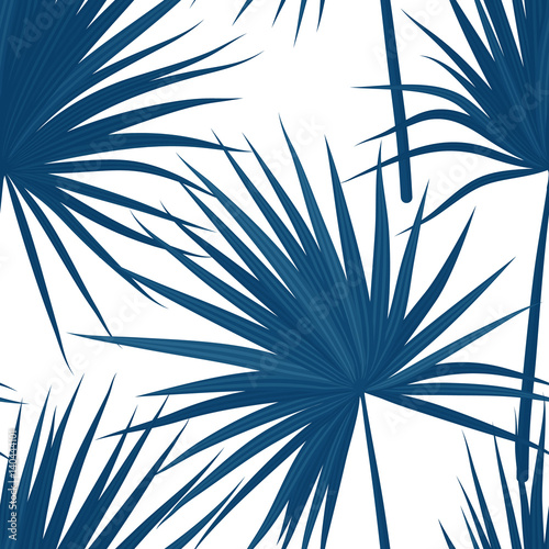 Vector tropical background with jungle plants. Seamless tropical pattern with sabal palm leaves. Denim indigo colors. photo