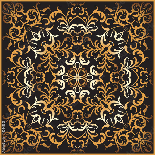 Black handkerchief with gold pattern. Square ornament for print on fabric  vector illustration.