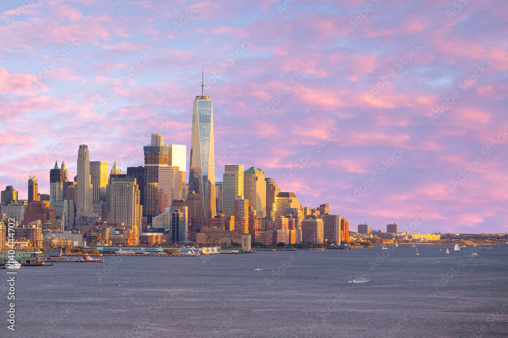 Downtown Manhattan skyline at sunset