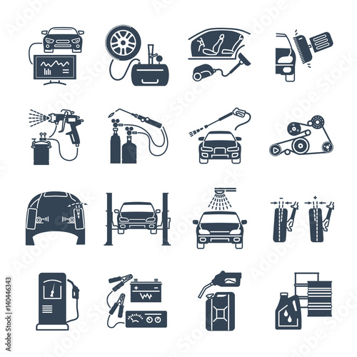 set of black icons servicing, maintenance, repair of car and auto