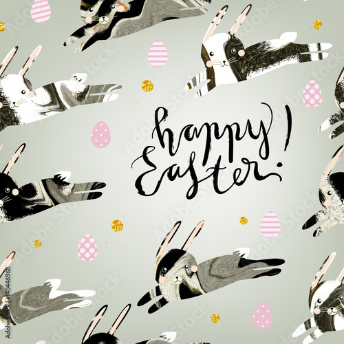 Easter festive illustration. Running rabbits (hare) with natural marble or animal fur (skin, hide, wool) vector texture and painted eggs on solid grey background. Hand written lettering.