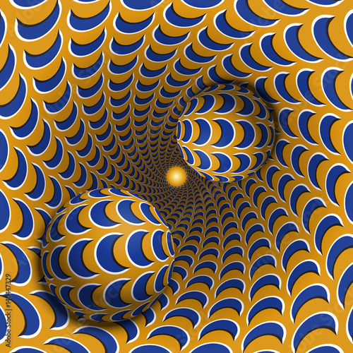 Optical illusion illustration. Two balls are moving in mottled hole. Blue crescent on orange pattern objects. Abstract fantasy in a surreal style.