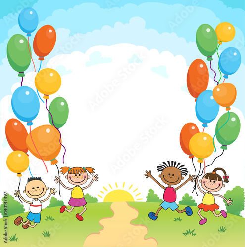 children are jumping ob summer background bunner cartoon funny vector character. illustration