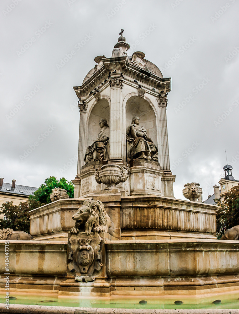 Fountain in front of the church of Saint-Sulpice. Paris. France