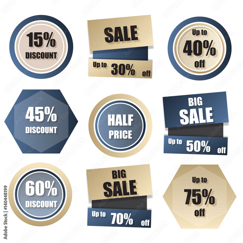 Obraz premium Set of discount, sale, buy now, new, half price banner in gold and blue in gradient style.