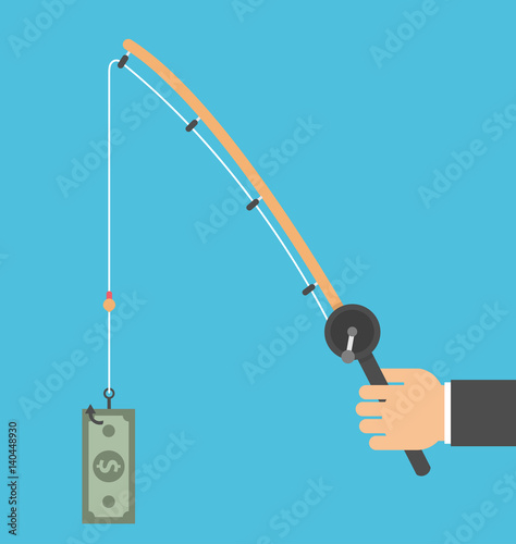 Hand holding fishing rod and money bill as bait - flat style