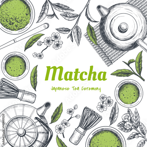 Vector frame with tea. Japanese tea ceremony. Matcha tea. Vintage style