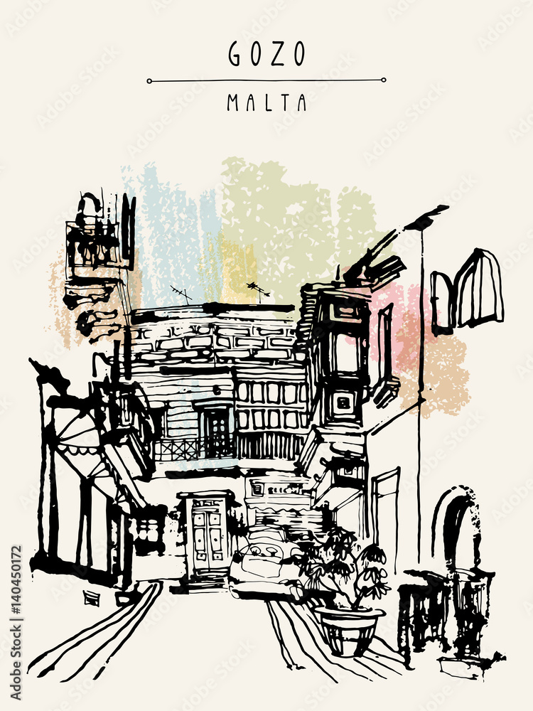 Naklejka premium Alley in Victoria, Gozo island, Malta. Vintage hand-drawn ttravel postcard or poster