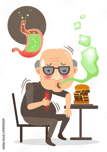 Acid Reflux Senior man with symptoms of burping and burning in the chest. Sitting on a stool eating . stomach problem image. isolated on a white background.Cartoon vector illustration