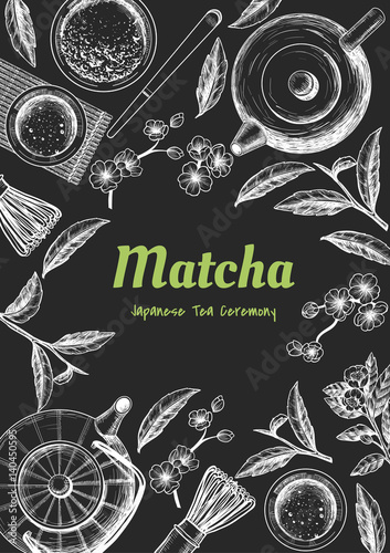 Vector frame with tea. Japanese tea ceremony. Matcha tea. Vintage style