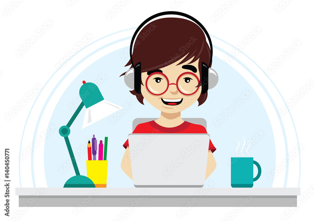 Illustration of nerd with round glasses working on laptop 