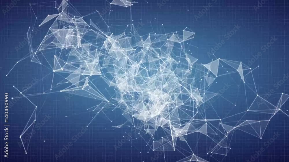 Animation with brain, human head and neural network on the blue background