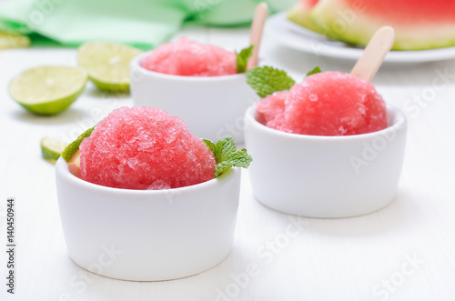 Canvas Print Watermelon sorbet decorated with mint in white bowl