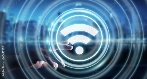 Quadro em tela Businesswoman using free wifi hotspot interface 3D rendering