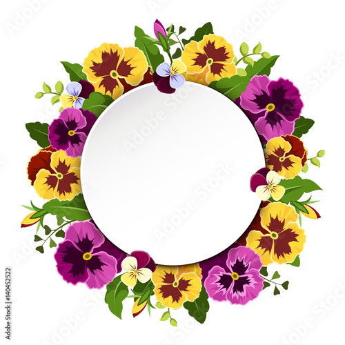 Vector card with yellow and purple pansy flowers and green leaves.