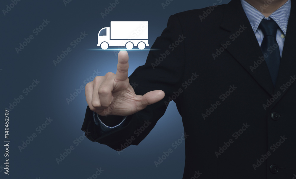 Businessman pressing truck flat icon over gradient light blue background, Business transportation service concept Businessman pressing truck flat icon over gradient light blue background, Business transportation service concept