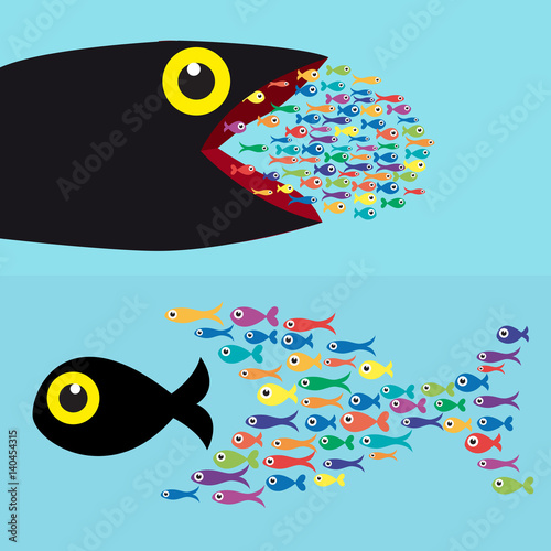 Many fish together as big fish of concept business teamwork.