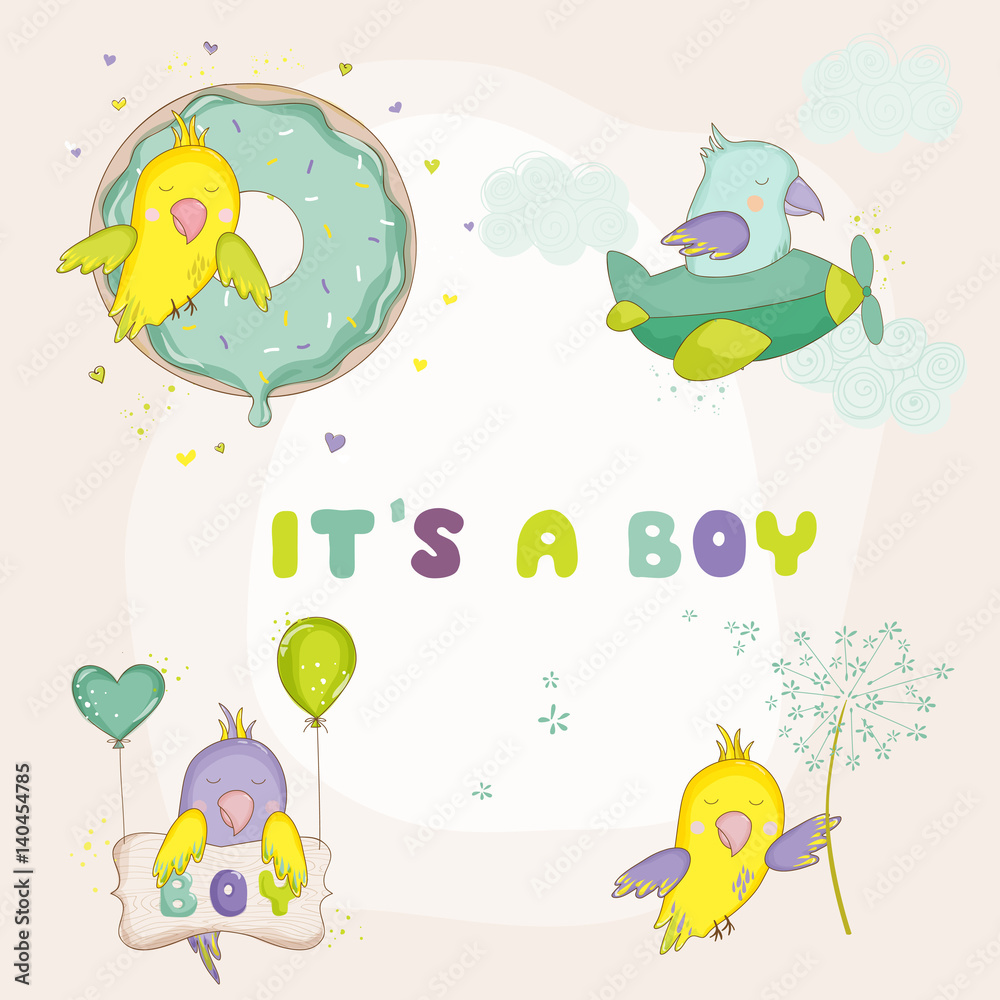 Newborn Cute Parrot Set for Baby Shower or Baby Arrival Cards in vector