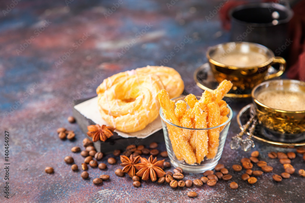 Eclairs and coffee on a table. Selective focus. Copy space Eclairs and coffee on a table. Selective focus. Copy space