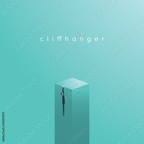 Businessman hanging on a cliff as a symbol of business risk or challenge.