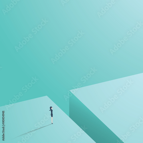 Business woman standing in front of gap as a symbol of challenge for businesswoman in career in business.