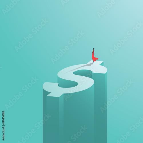 Superhero businessman with superpowers standing on top of dollar money sign. Symbol of business success, strength and power.