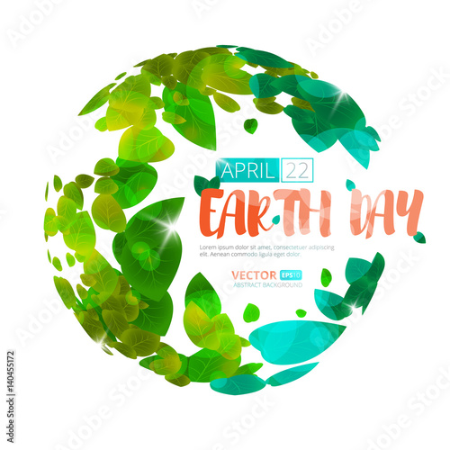 Happy Earth Day. Greeting card on 22 april. Vector earth globe with green leaves isolated on white background.