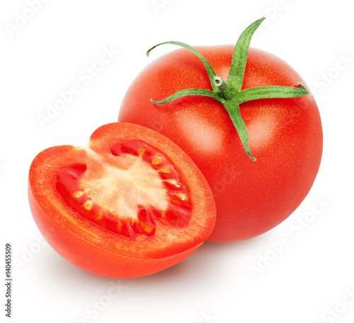 Isolated Tomatoes. One fresh Tomato with half isolated on white, with clipping path