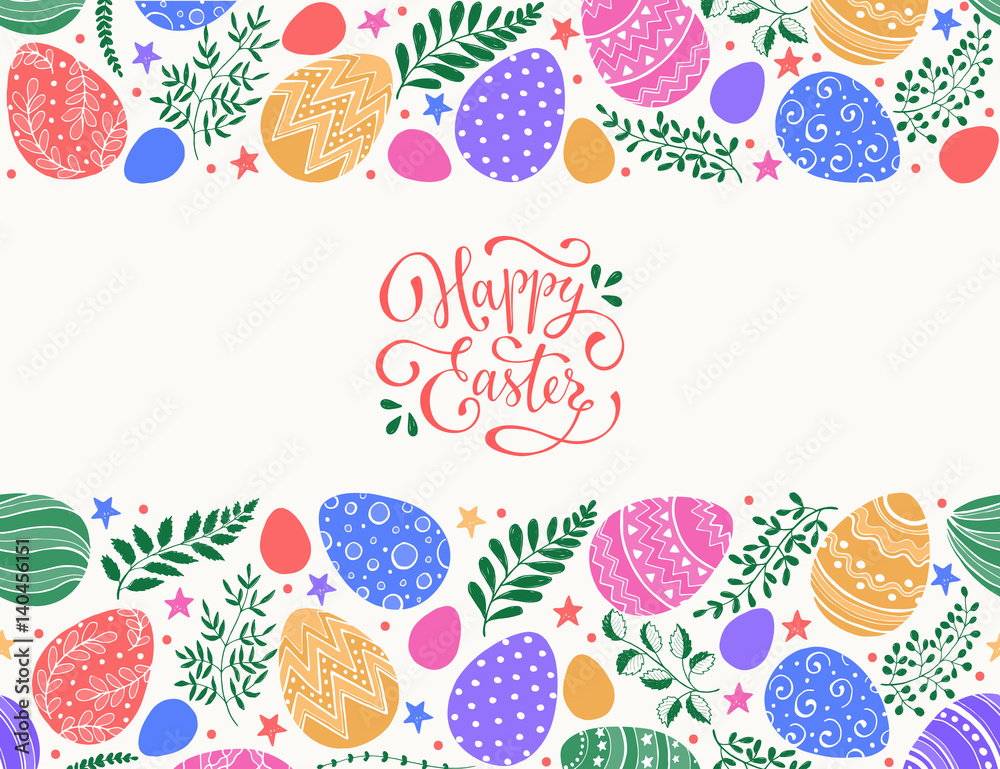 Easter eggs composition hand drawn black on white background. Decorative horizontal stripe from eggs with doodle leaves. Easter eggs composition hand drawn black on white background. Decorative horizontal stripe from eggs with doodle leaves.