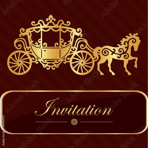 Invitation card with golden lettering. Vintage horse carriage design. Good idea for template, wedding card, retro style. Vector illustration