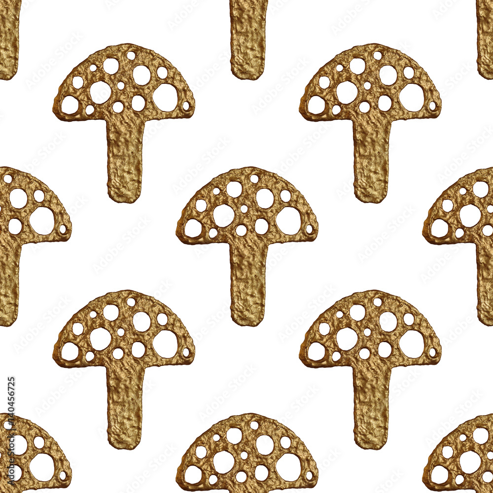 Abstract mushrooms pattern. Gold hand pained seamless background.
