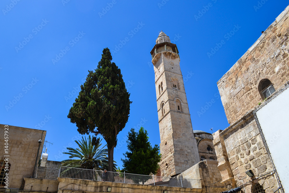 Architecture of the old city. Tower and buildings. Jerusalem Israel.