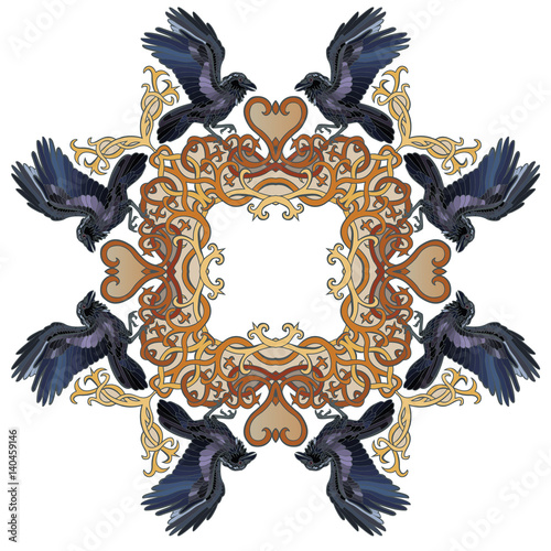 Vector illustration of Celtic raven frame ornament, textile pattern colorful