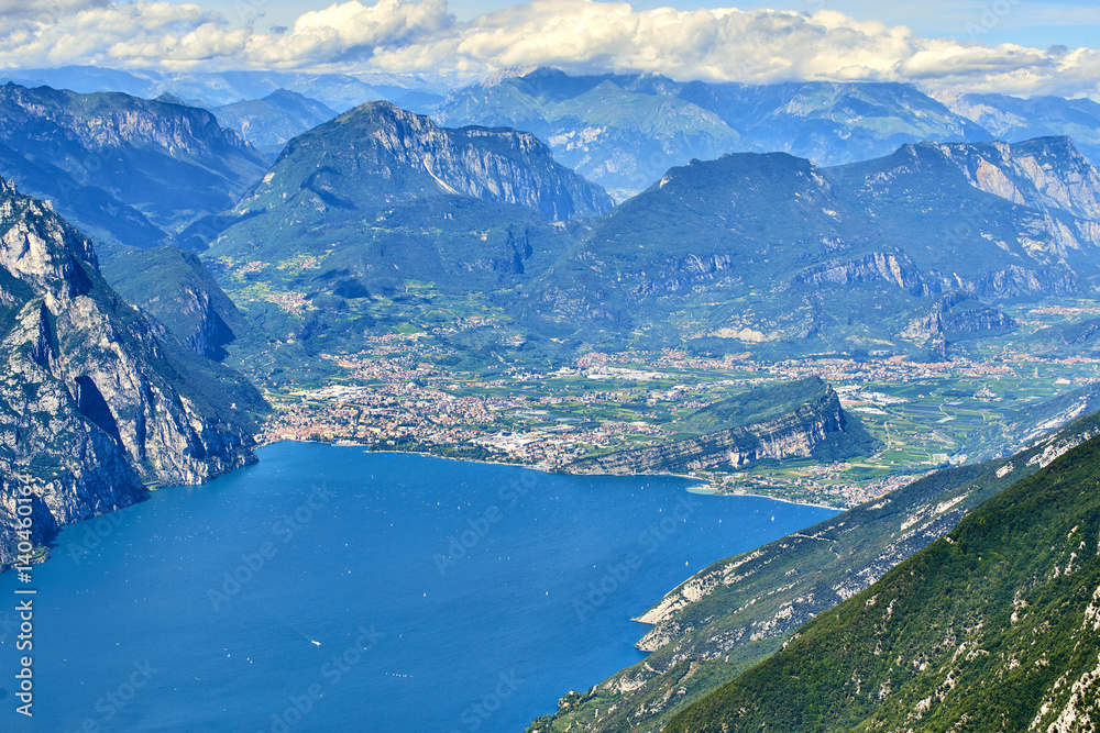 Aerial view of a nice mountain view Garda Lake (Lago di Garda) from the trail at Monte Baldo in Italy.
