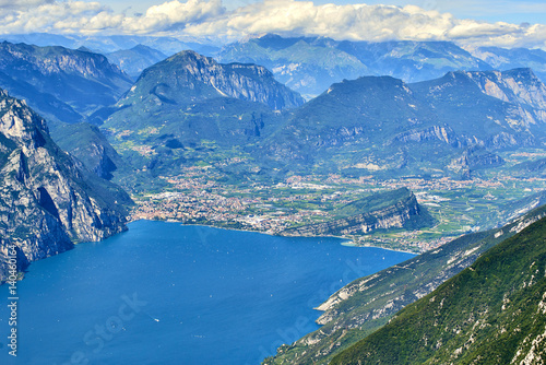 Aerial view of a nice mountain view Garda Lake (Lago di Garda) from the trail at Monte Baldo in Italy.
