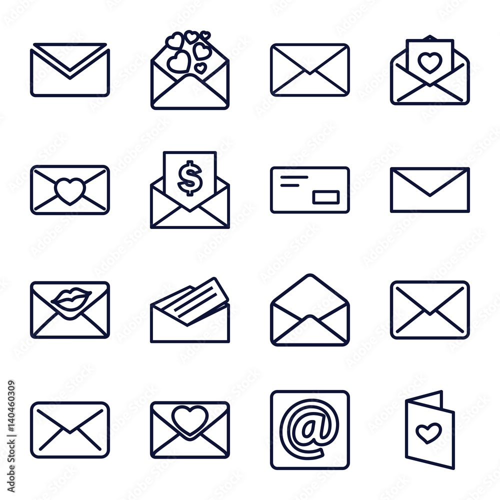 Set of 16 envelope outline icons Set of 16 envelope outline icons